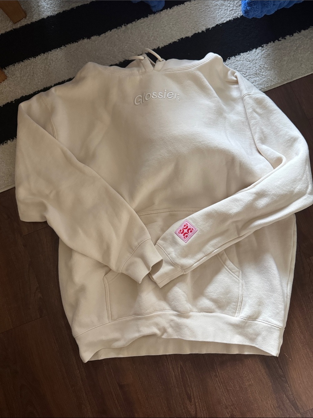 Glossier Cream Crewneck Sweatshirt with Pink Patch